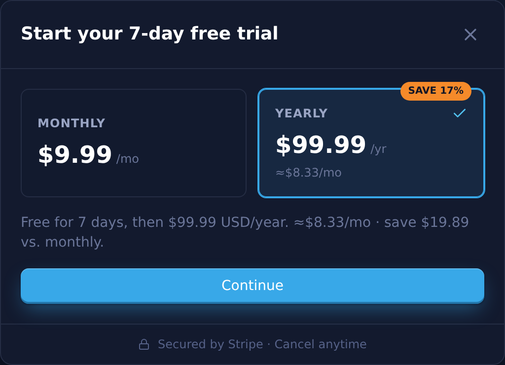 Choosing between monthly and yearly Pro at checkout, with the SAVE 17% badge