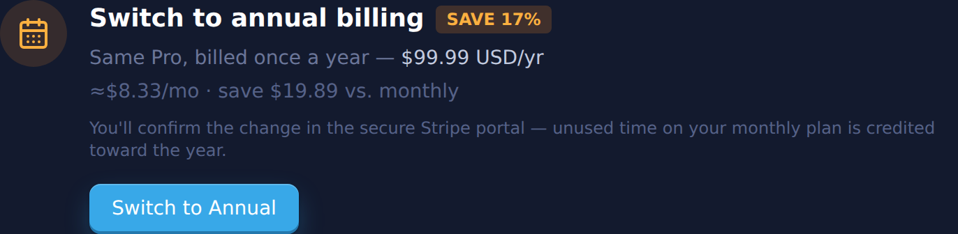 The Switch to annual billing card on the Billing page