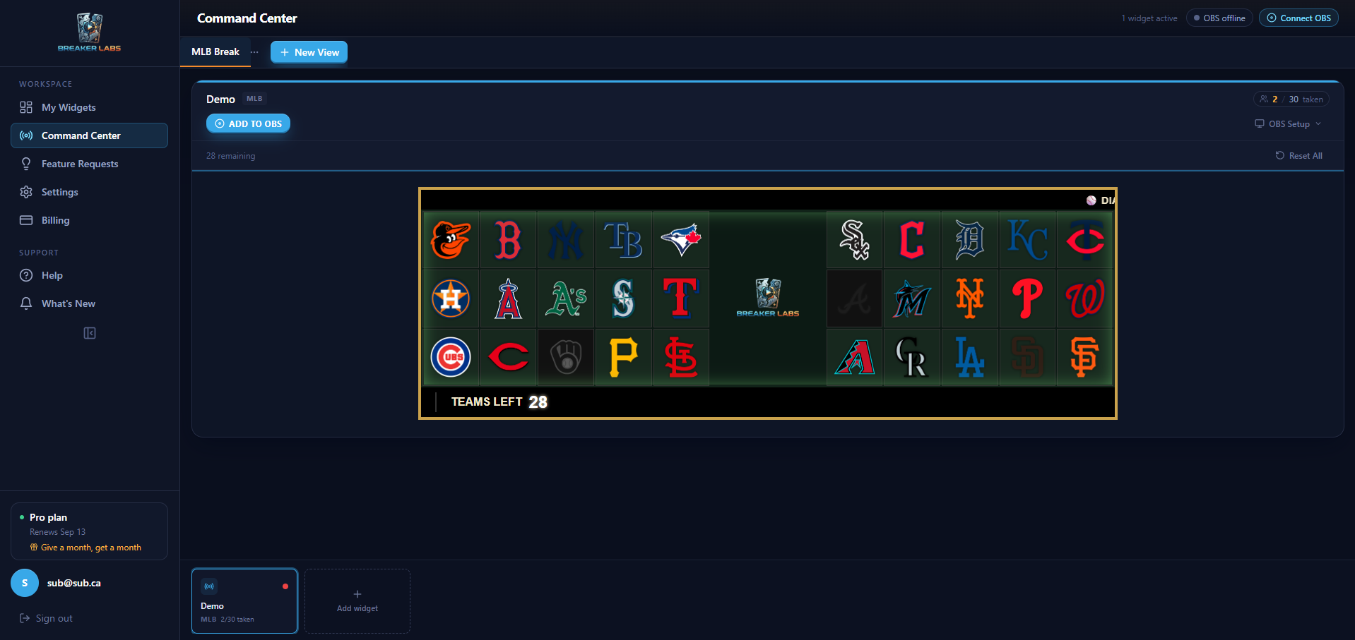Breaker Labs Stream Command Center showing an active MLB break board with live team availability and OBS controls
