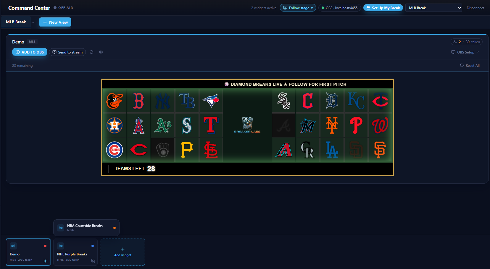 Two widgets, two eyes: the MLB tracker is on stream, the NHL tracker is hidden — flip either without leaving the stage