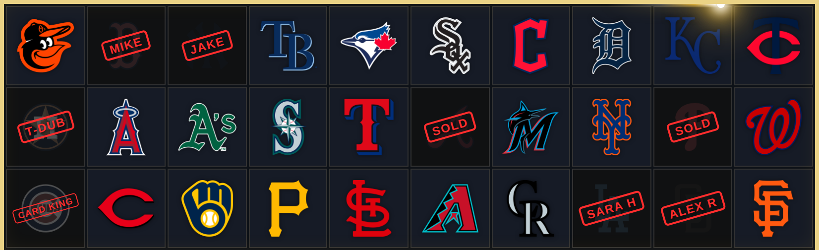Buyer names as red rubber stamps across the claimed cards