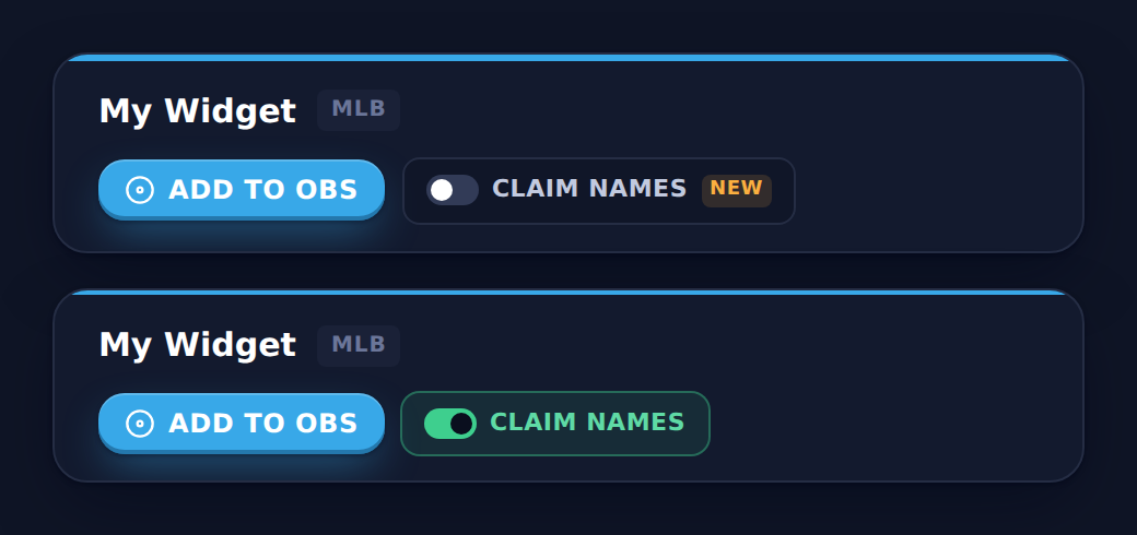 The CLAIM NAMES switch next to Add to OBS — off with its NEW tag, then on