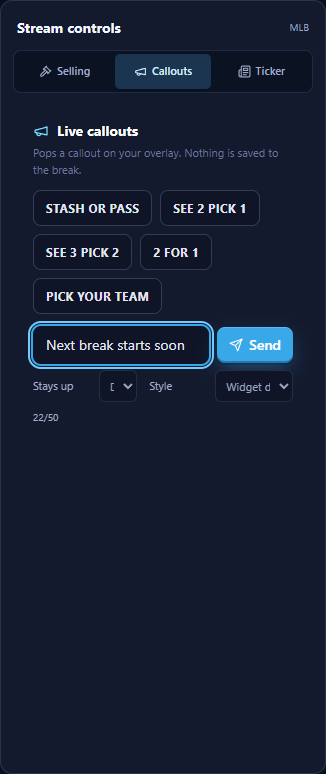Callouts tab with preset buttons, custom text, Send, Stays up, and Style