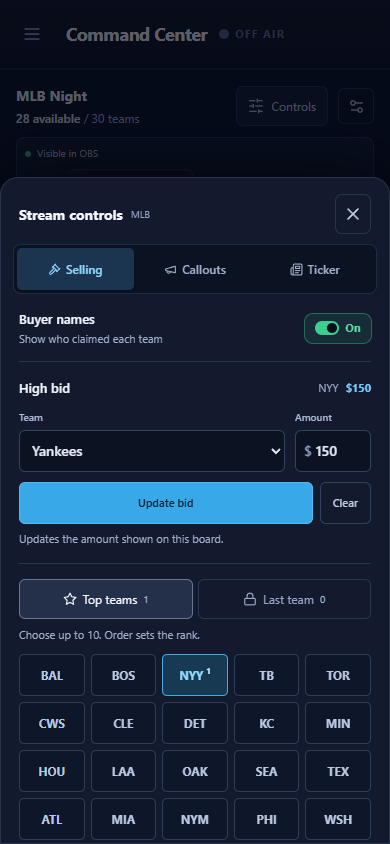 Mobile Stream controls sheet with Selling, Callouts, and Ticker tabs