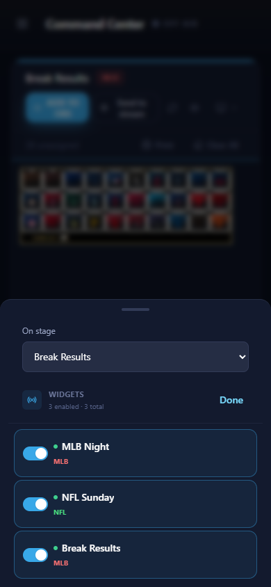 Mobile Widgets drawer with the On stage selector and view-membership switches