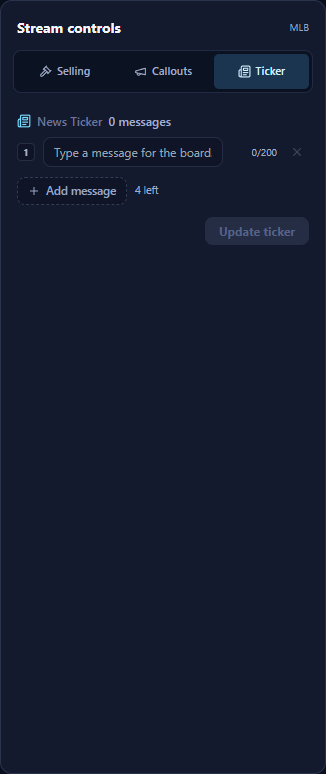Ticker tab with message editing, Add message, and Update ticker