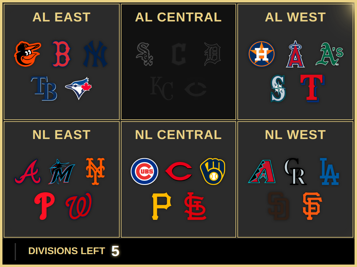 An MLB divisional board — six tiles at five marks each, AL Central sold