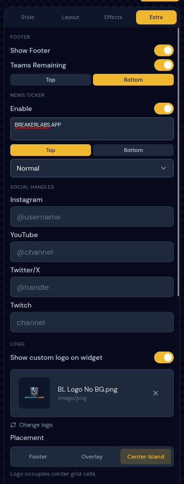 Extra tab with footer, social, and logo options