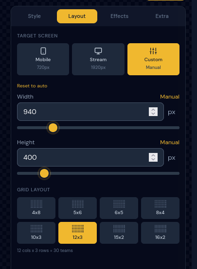 Layout tab with screen presets and grid options