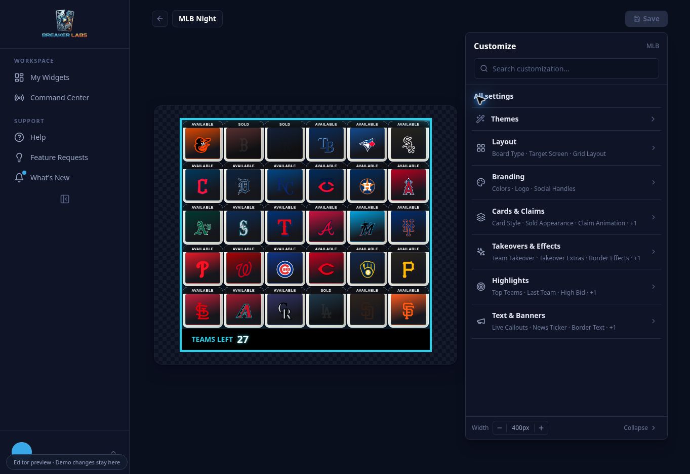 Team Tracker editor with the board, customization panel, and Save control