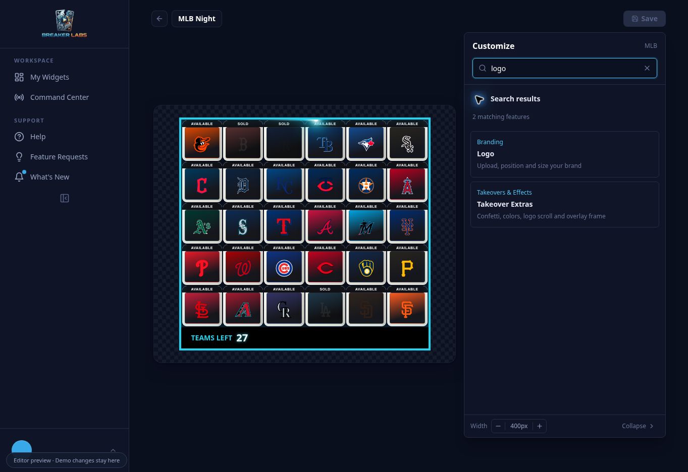 Searching for logo shows matching Branding and Takeover Extras controls
