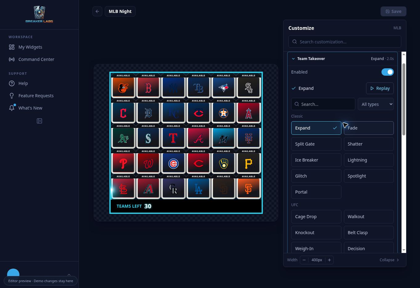 Team Takeover controls with Enabled, animation choices, and Replay