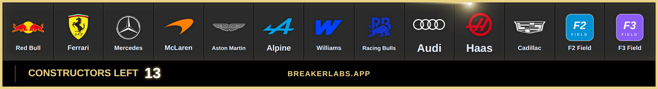 The 2026 constructor board with team logos on the tiles