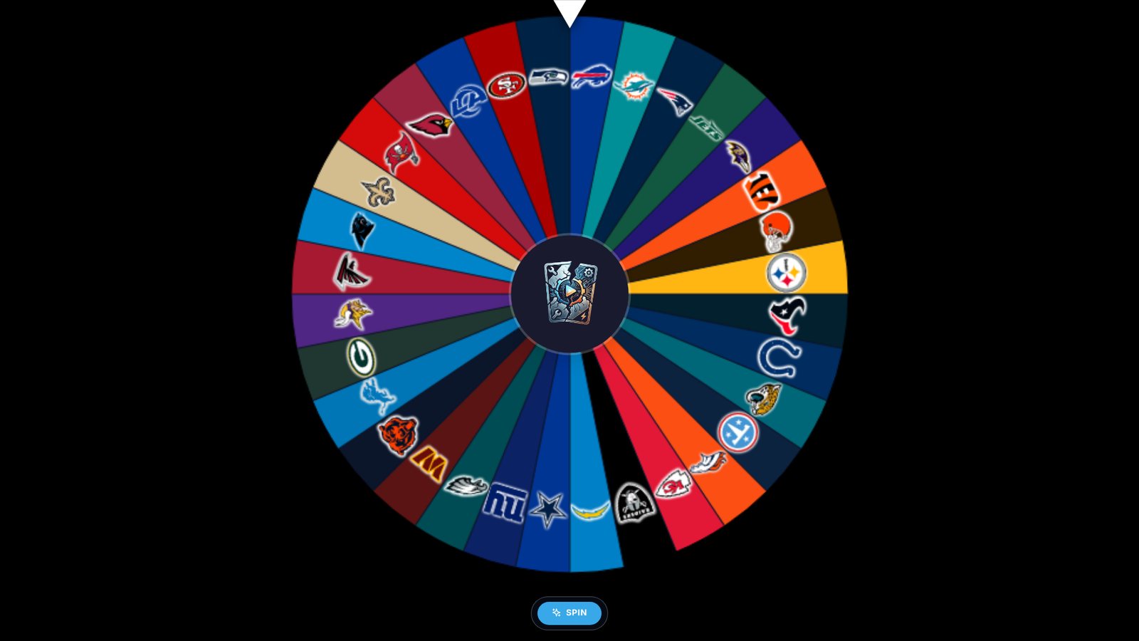 The Randomizer wheel in fullscreen with team logos, and the Spin button under it
