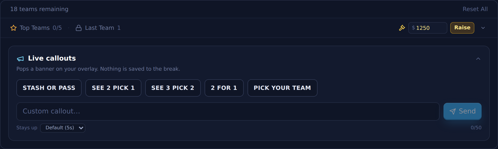 The collapsed picks bar with the amount and a Raise button sitting inline on the row
