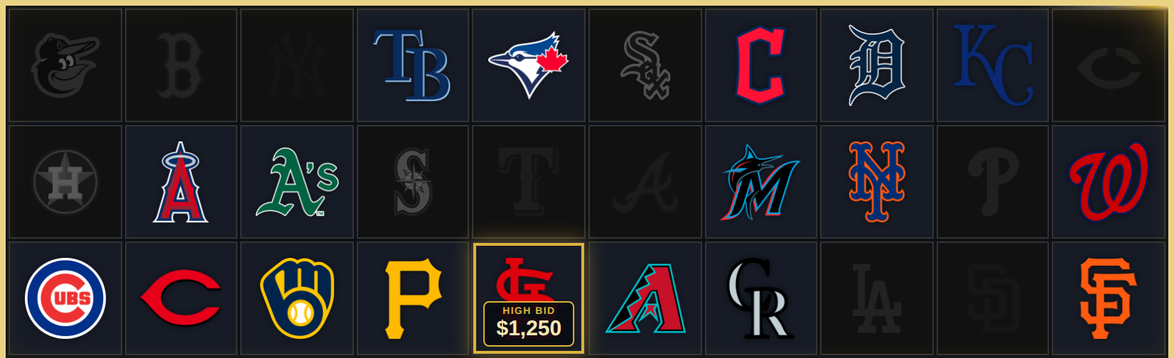 A live MLB board mid-break with the Cardinals card ringed in gold, reading HIGH BID $1,250