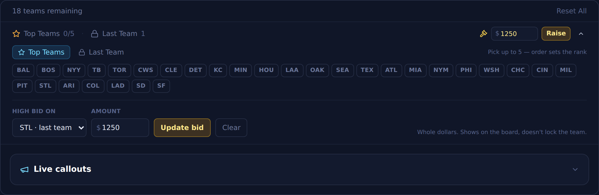 The expanded picks panel showing High bid on set to STL, marked as the last team, with an amount field and Update bid