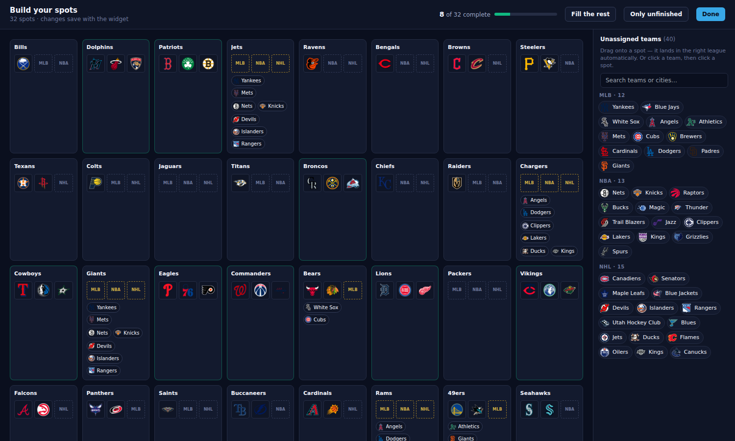 The spots builder — 32 buckets, the unassigned tray on the right