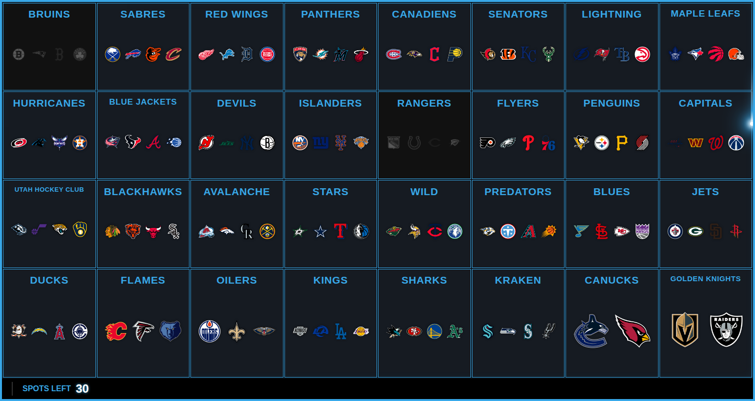 An NHL-anchored Multi-Sport board, two spots sold