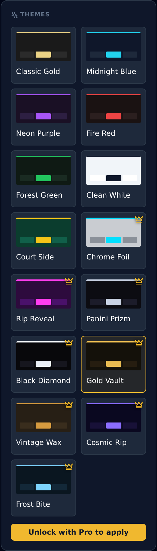 The Themes gallery: free color presets up top, premium full looks with the crown — Gold Vault previewed