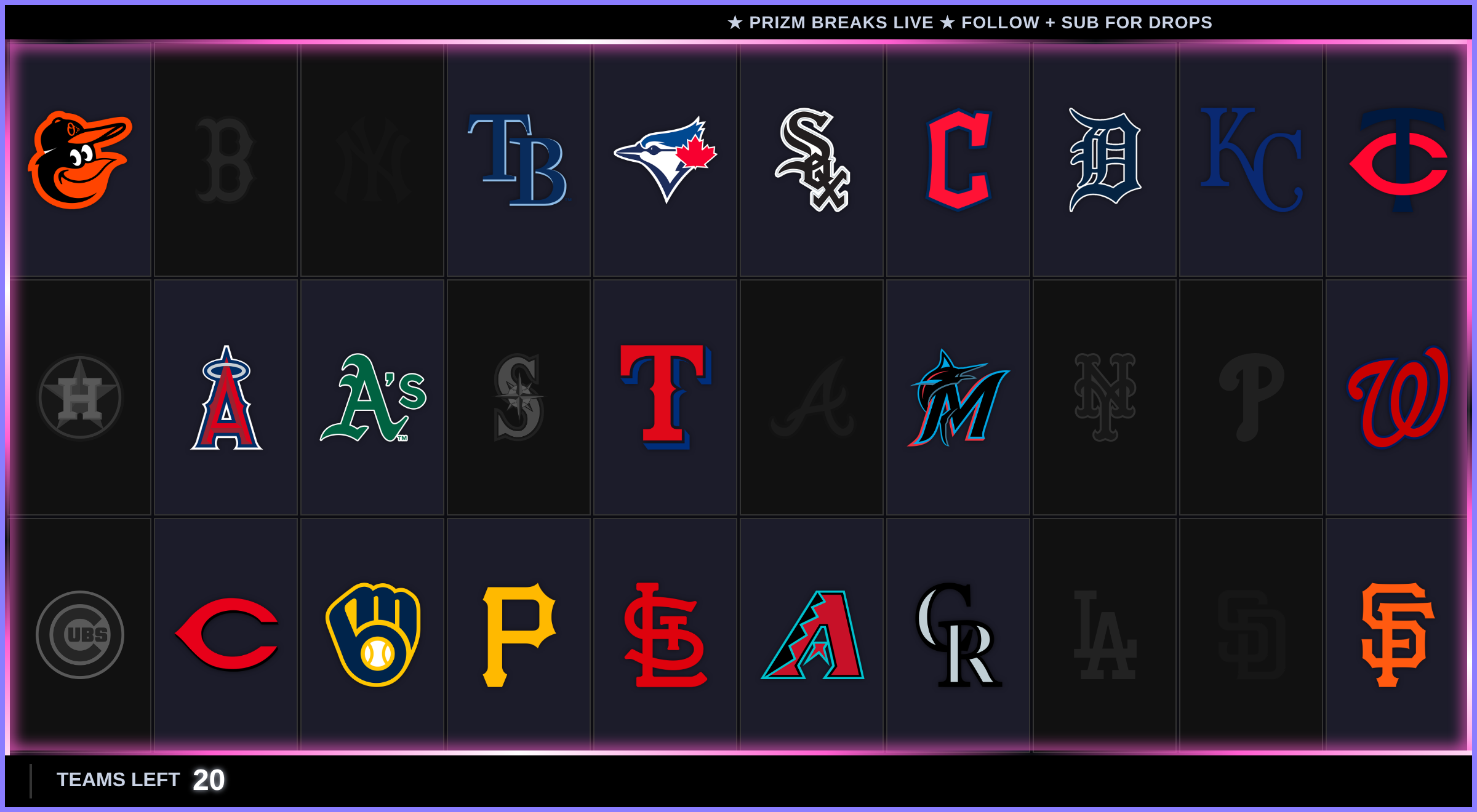 A Team Tracker wearing Panini Prizm — chromatic purples, a gradient-flow border, and the news ticker running up top