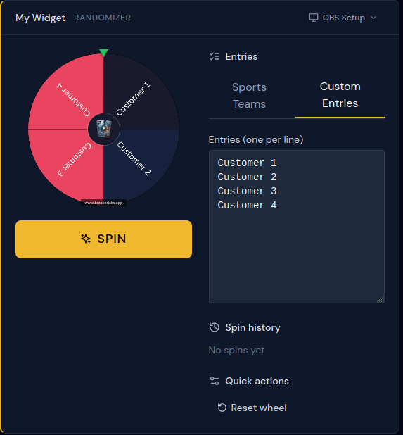 Custom Entries mode — type your own list