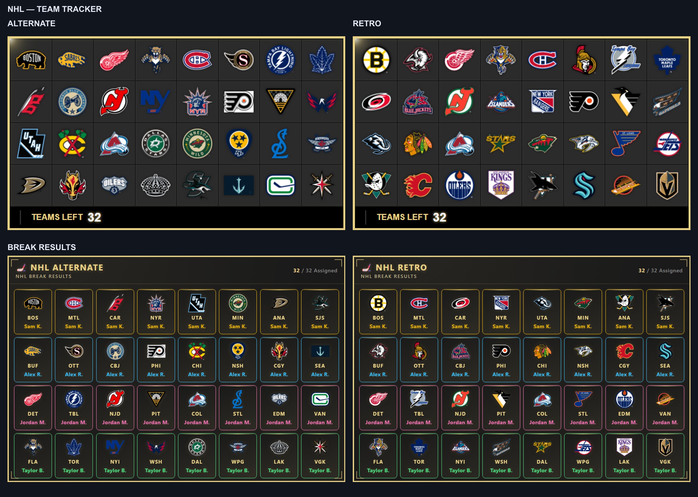 Alternate and Retro NHL logos on Team Tracker and Break Results boards
