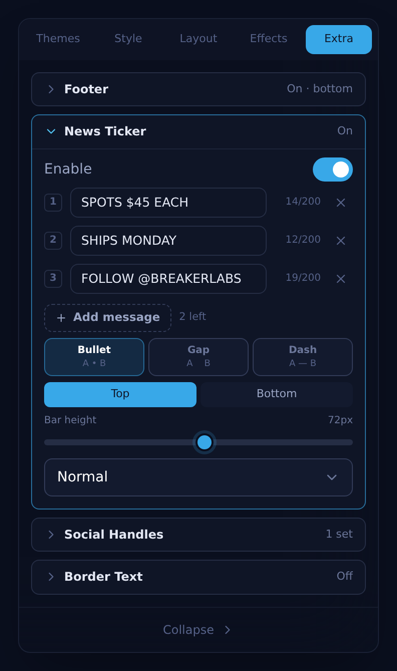 The Bar height slider in the widget editor's Extra tab, under the ticker's message rows and position controls