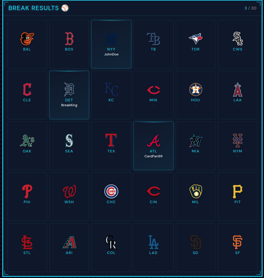 Breaker Labs Break Results widget showing organized live results
