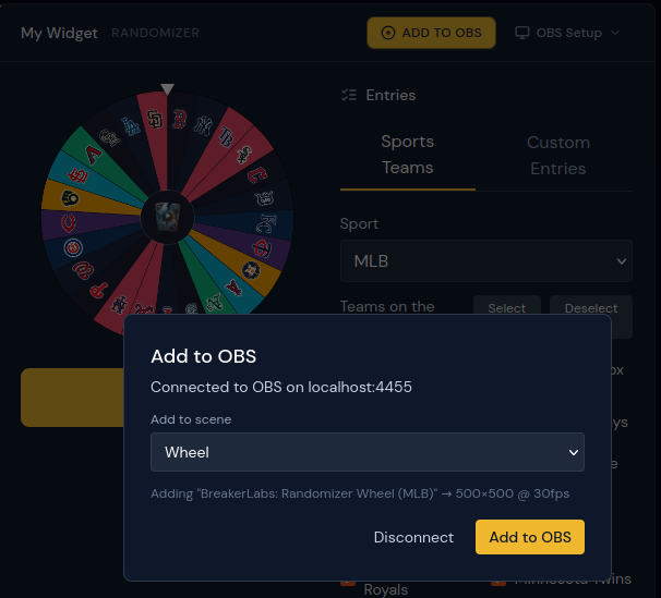 Breaker Labs OBS Direct Sync scene picker and setup controls